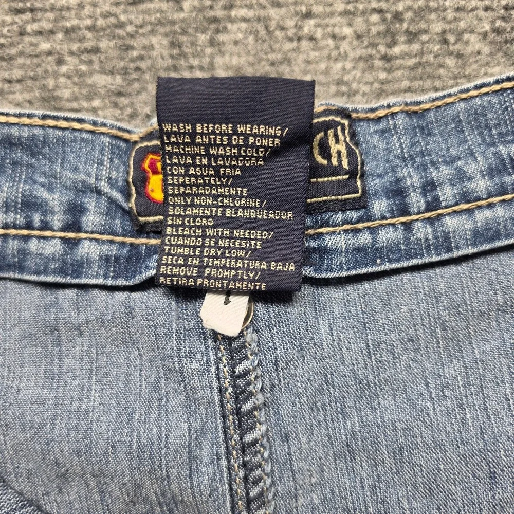Vintage Route 66 Y2K Denim Mini Skirt Size 12 Stretch Cargo Pockets Blue Medium